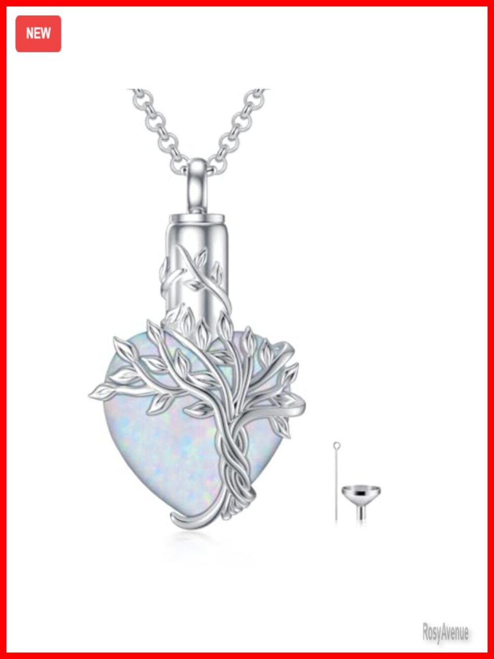 925 Sterling Silver Tree of Life Urn Necklace Opal Heart Cremation Jewelry